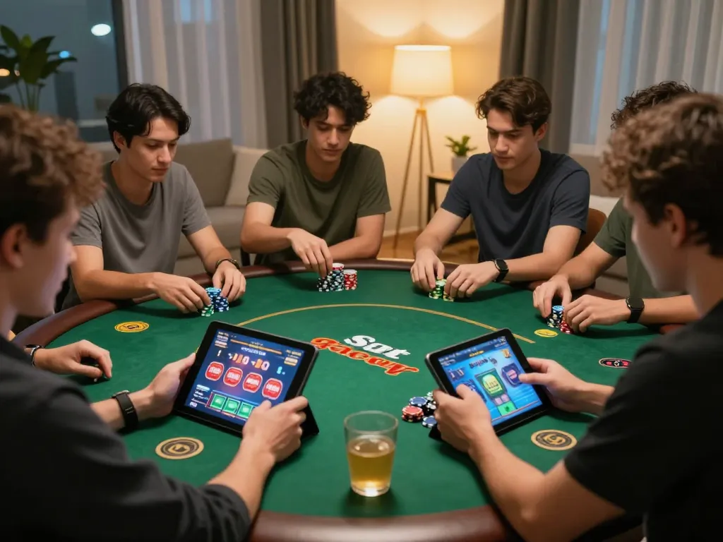 Situs slot gacor gameplay in a cozy home setting with tablet and poker chips.