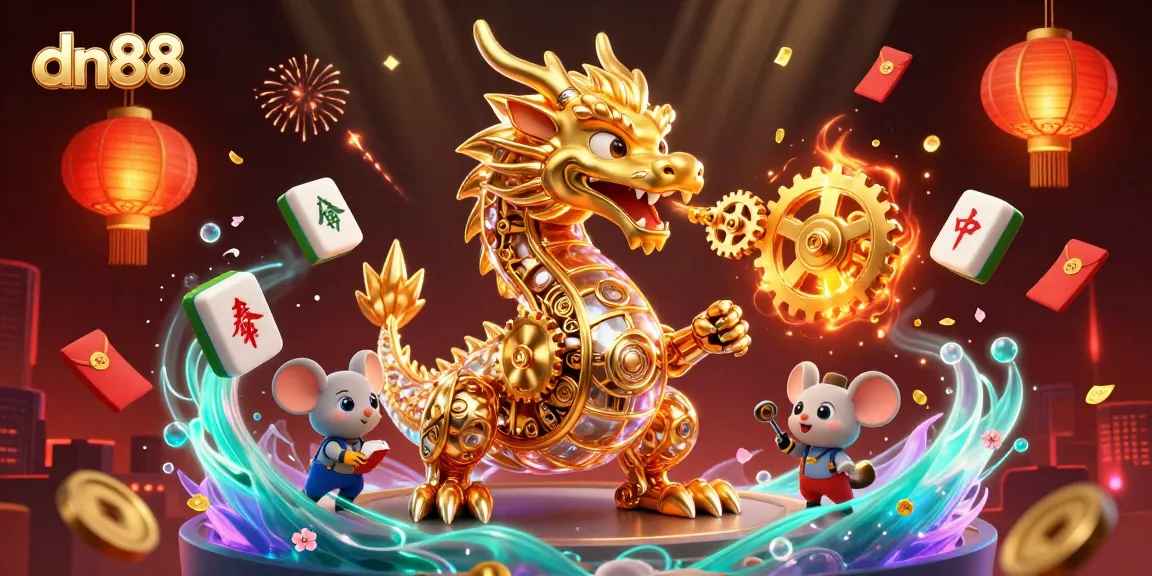 Experience intense gaming with dn88, featuring a biomechanical dragon breathing gears and vibrant casino elements.