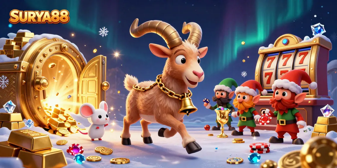 SURYA88 showcases a festive casino scene with Krampus, an angel mouse, and elf gremlins amidst spinning slots and treasures.