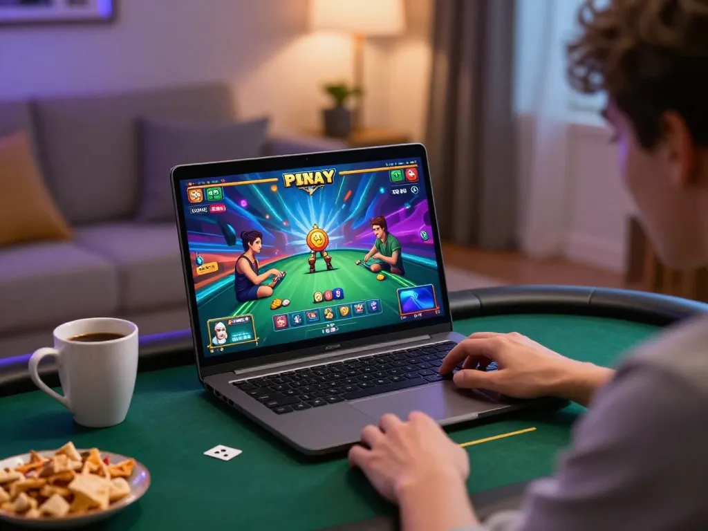 Fokus777 player engaging with online poker game interface on a cozy home setup.
