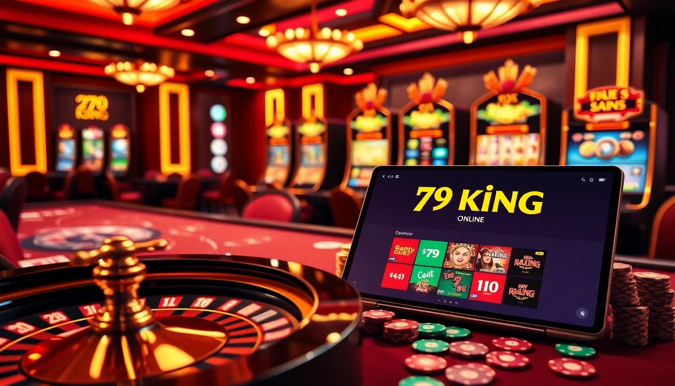 Engage in high-stakes gambling with 79 king at an elegant casino table filled with vibrant poker chips.