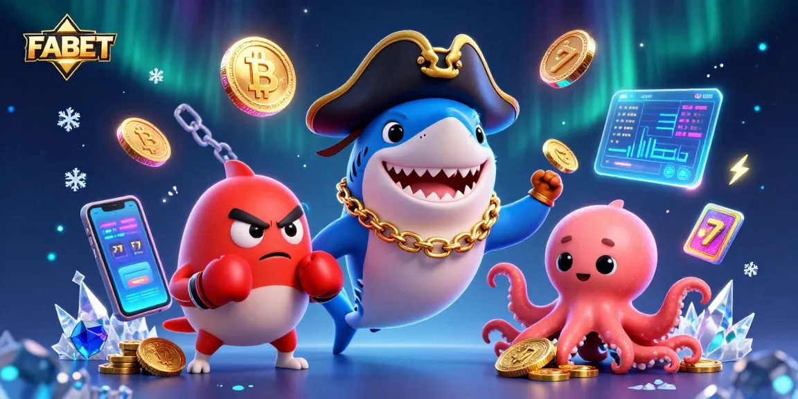 FABET pirate shark and friends engage in dynamic slots action with crypto elements and ocean backdrop.