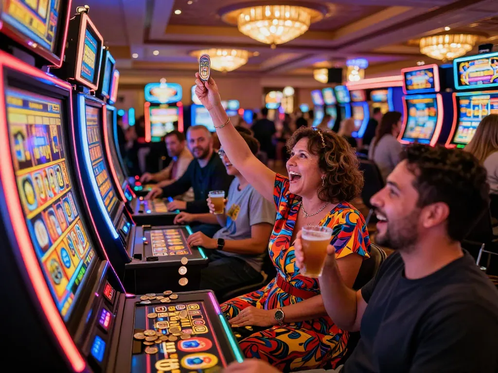 Players celebrating a big win at a slot jackpot machine in a lively casino atmosphere.