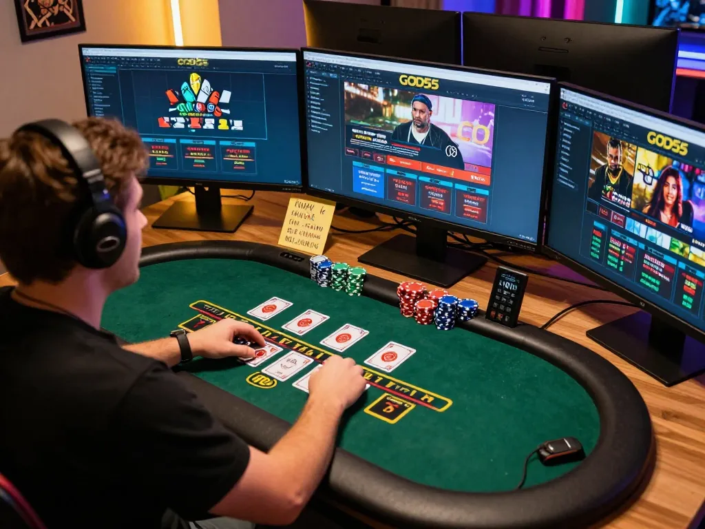 Experience thrilling moments at God55vn online casino with players engaging in live dealer games