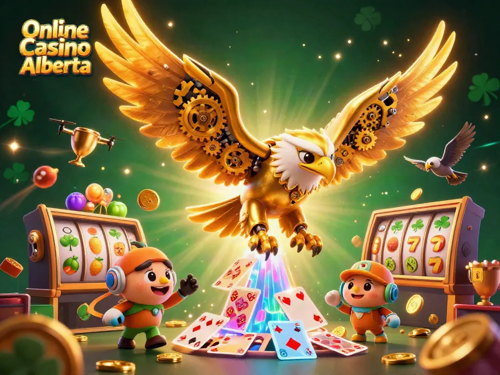 Experience exciting gameplay at Online Casino Alberta with 3D cybernetic eagle soaring through vibrant slot elements.