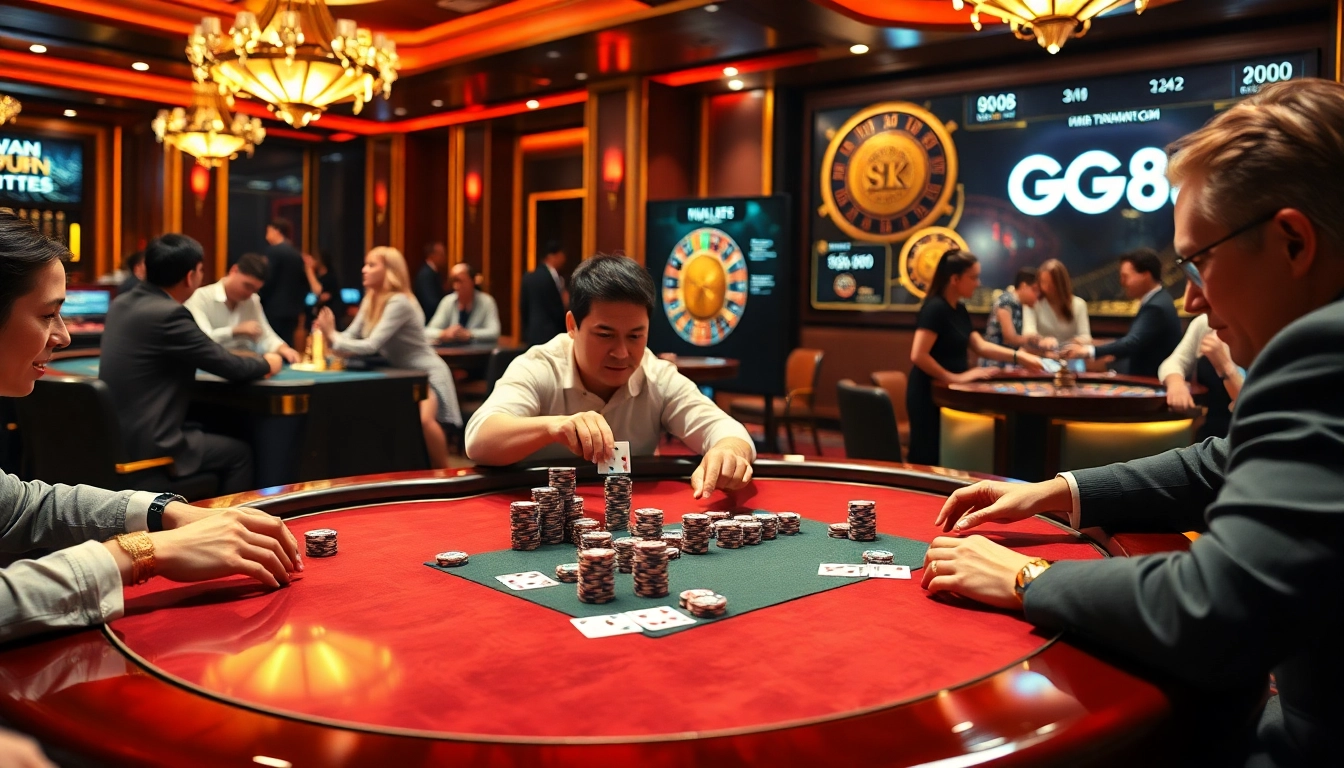 Players enjoying a thrilling poker game at GG88 casino, showcasing vibrant chips and cards.