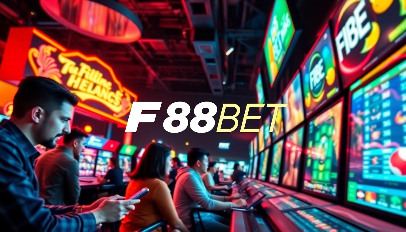 Exciting online betting experience with F88BET logo and players engaged in games.