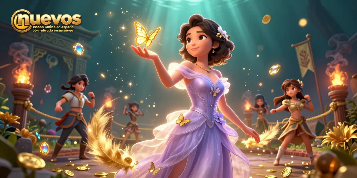 Experience nuevos casinos online en españa con retirada instantánea with vibrant gambling elements, golden butterflies, and dynamic visuals.