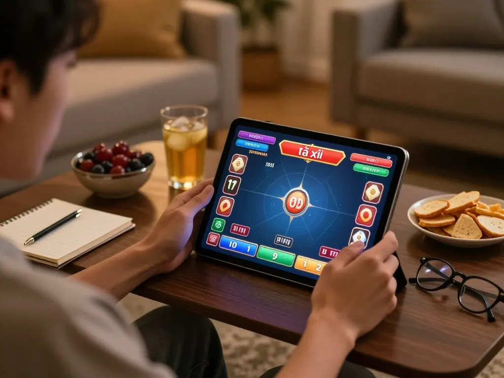 Engaging player participating in tài xỉu online gaming on a tablet in a cozy home environment.