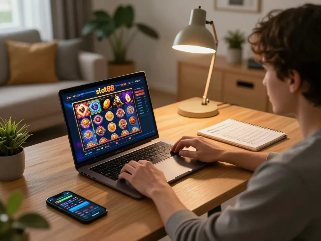 Engaging gameplay on slot88 with vibrant graphics, cozy online gaming setup.