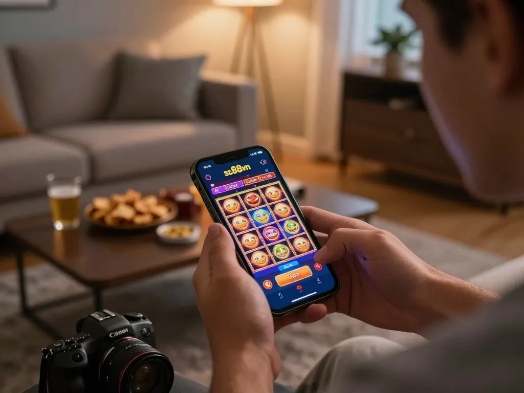 Engaging moment with sc88vn app showcasing vibrant slot games during cozy home gaming.