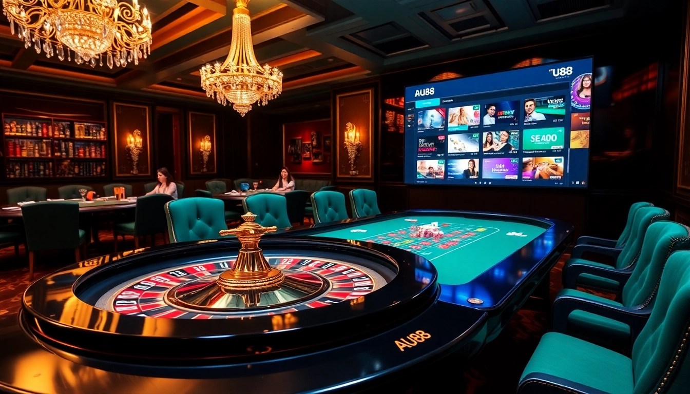 Experience thrilling gameplay at AU88, featuring an elegant roulette table and vibrant casino elements.