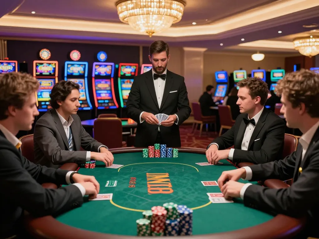 IWIN68 CLUB players focused on intense poker game with vibrant casino atmosphere
