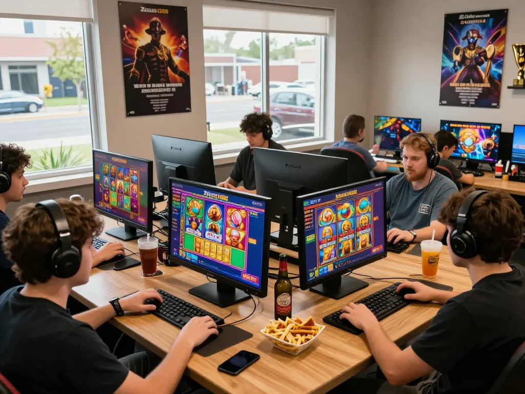 Players enjoying Zeus138's latest slot games in a lively gaming lounge.