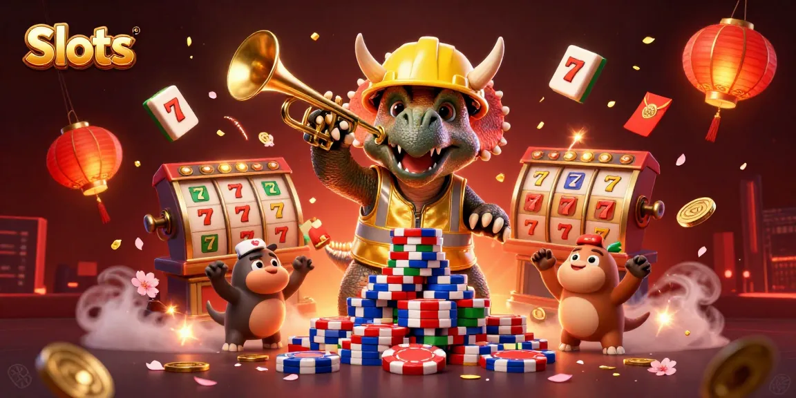 Experience exhilarating slots action with a dynamic gambling scene featuring cartoon characters celebrating amidst poker chips and festive elements.