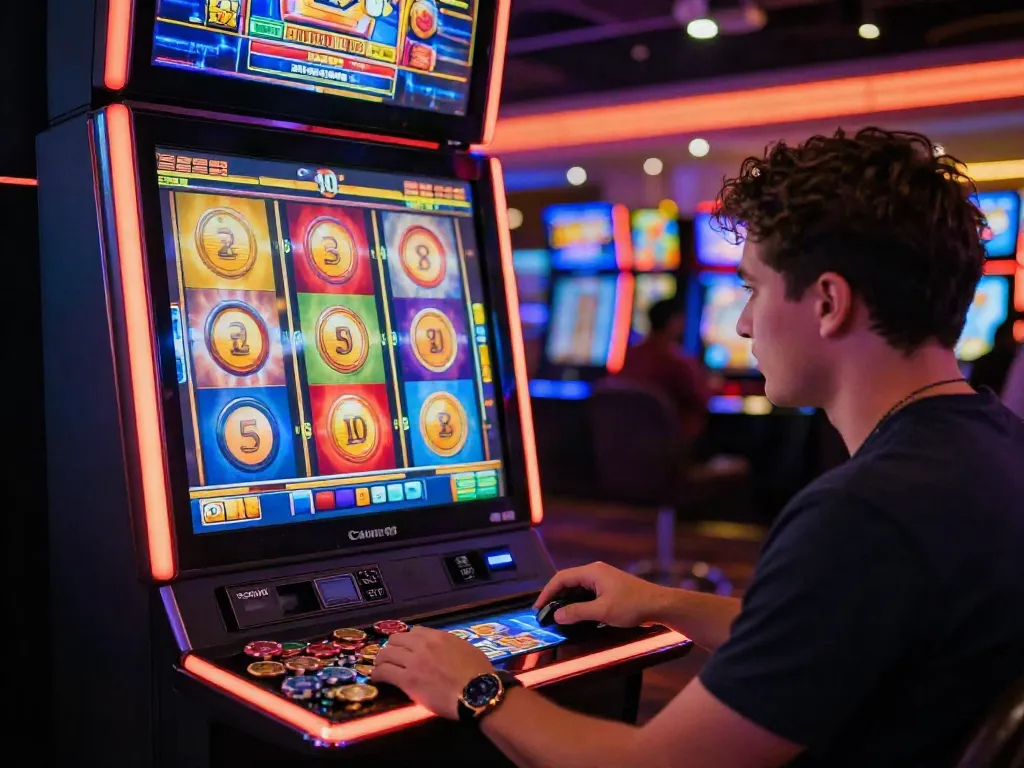 Permainan slot gacor dengan pemain fokus pada layar mesin slot dan suasana kasino yang penuh energi.