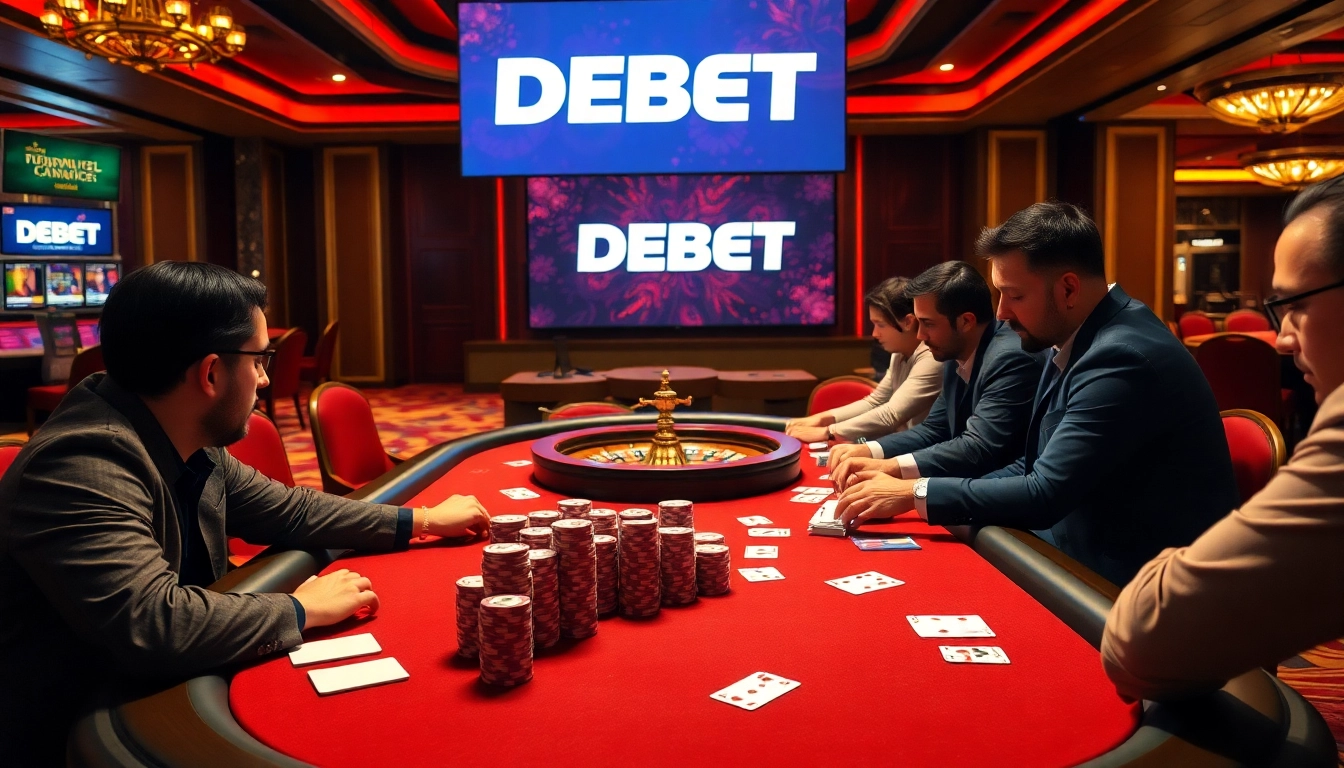 Play poker with DEBET at a luxurious casino table featuring vibrant colors and high stakes.