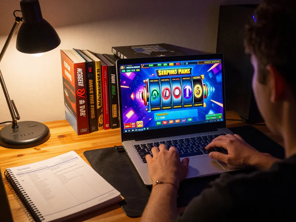 Engaging with slot online gameplay on a cozy laptop setup, showcasing vibrant reels and strategic notes