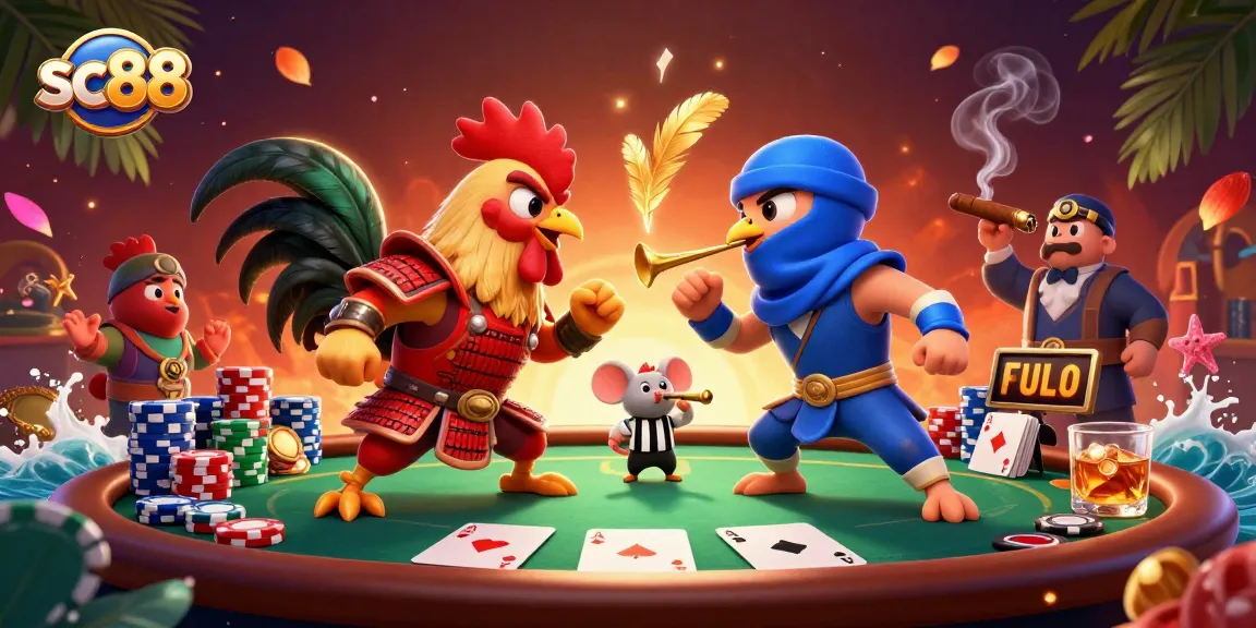 Experience sc88's thrilling gaming action with dynamic fighting roosters in a vibrant casino scene.