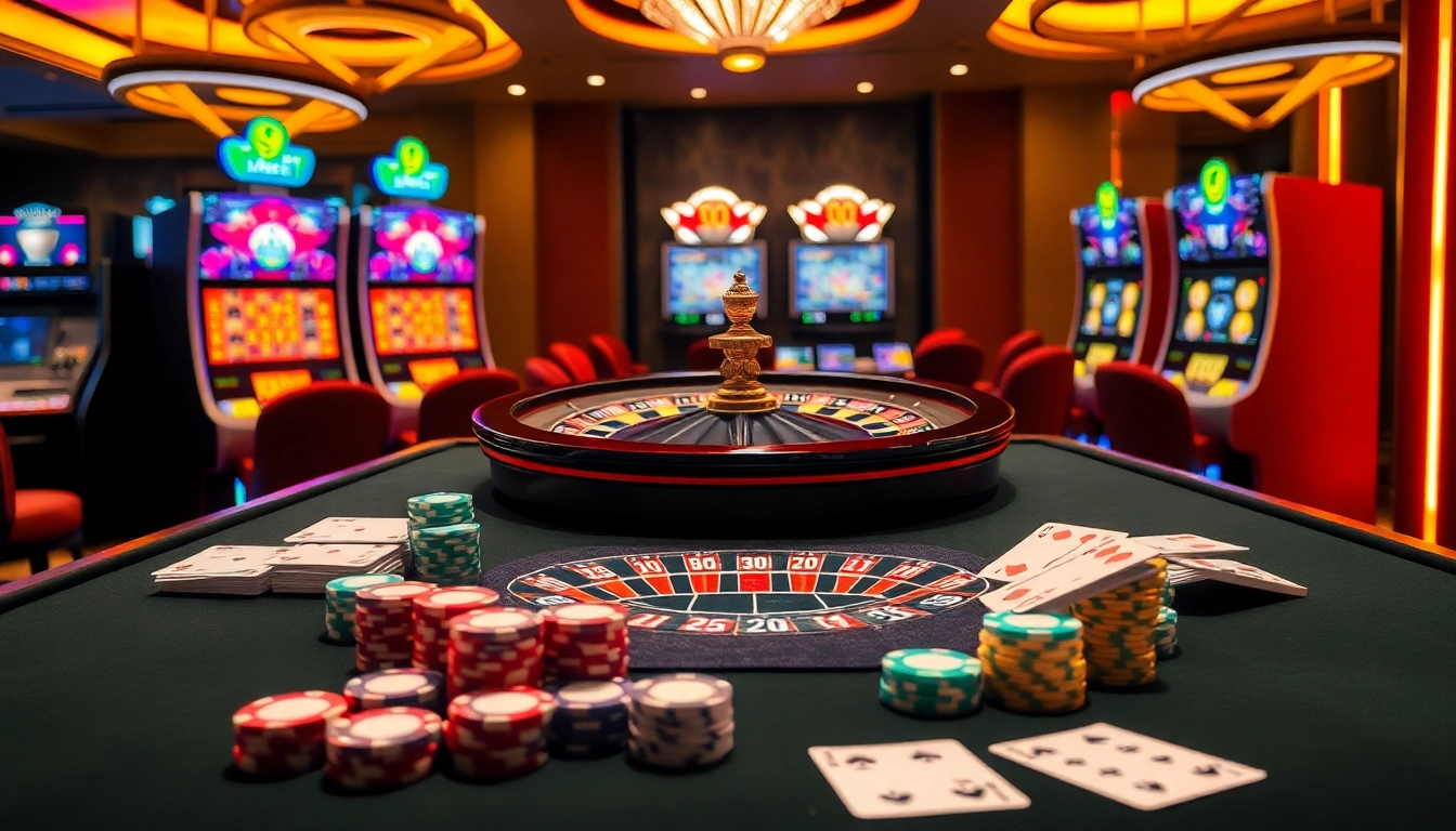 Experience excitement at i9bet with a dazzling casino scene featuring poker and roulette.