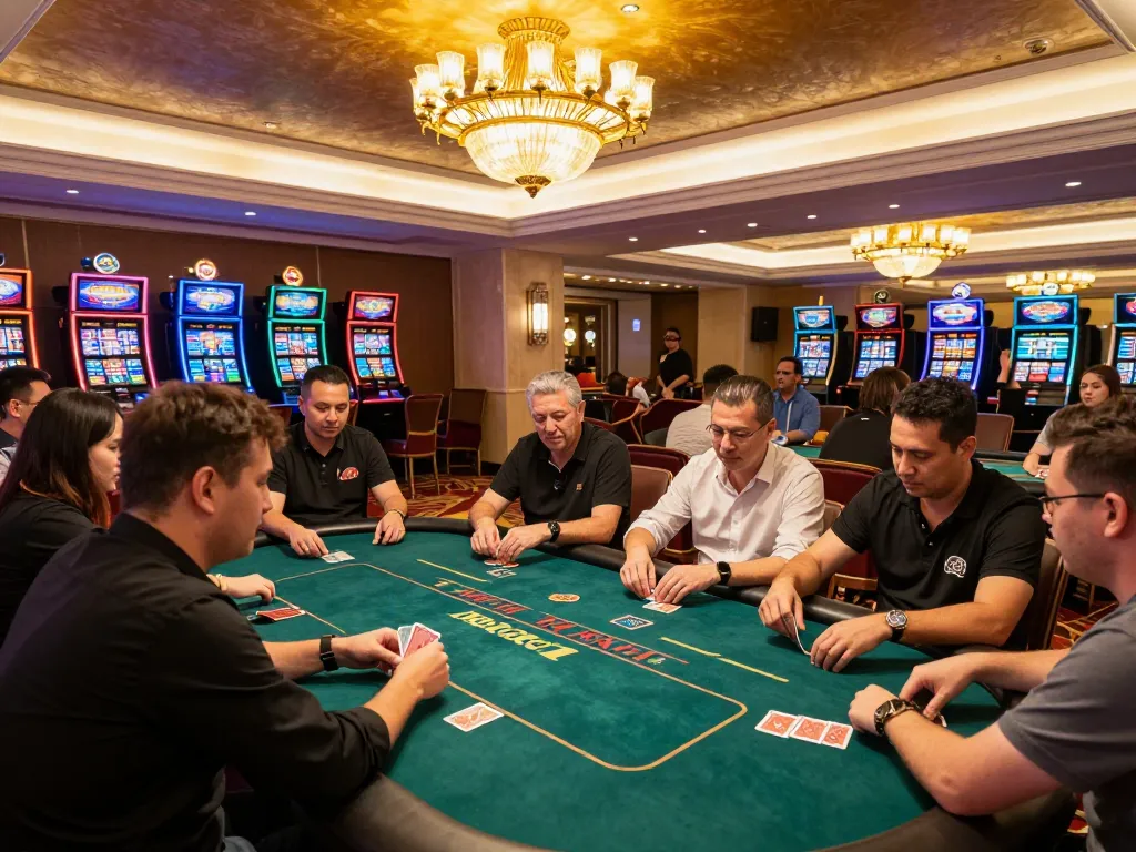 Exciting atmosphere at cổng game go88 with players engaged in poker, vibrant slot machines, and ambient lighting.
