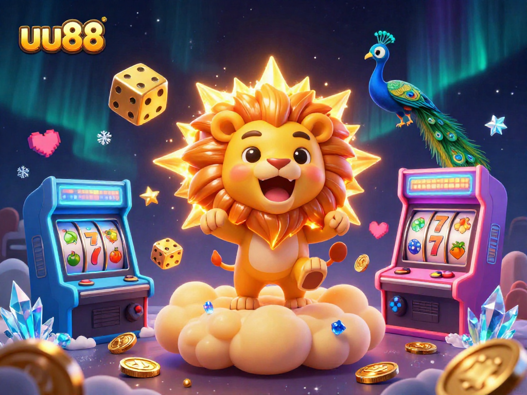 uu88 engages players with vibrant 3D cartoon gambling scene featuring lucky slots and cosmic designs.