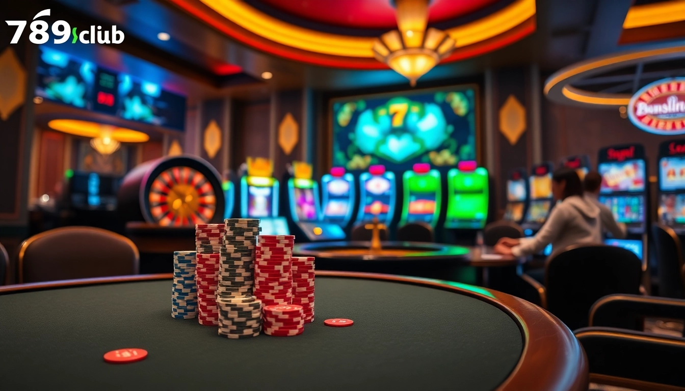 Engaging scene of players at 789club poker table with vibrant chips and roulette wheel.