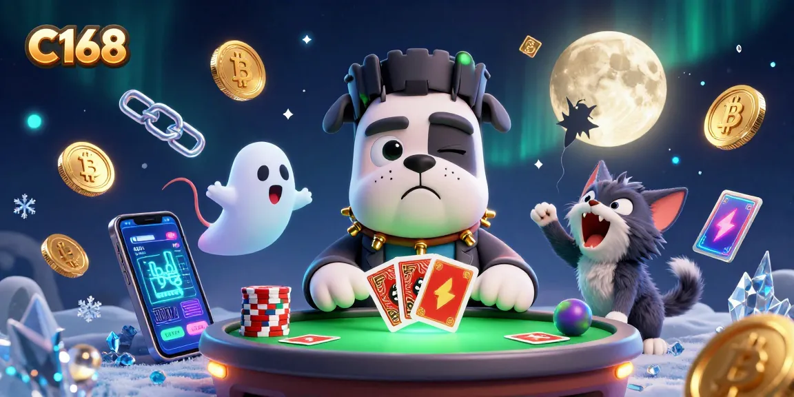 Join the thrilling C168 casino experience with a spooky table game scene featuring a Frankenstein bulldog dealing cards.