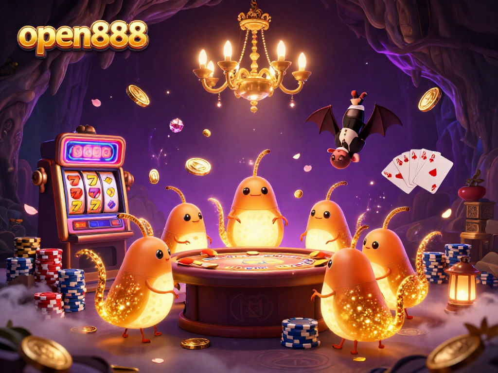 Experience the excitement of open888 with glowworms lighting up a vibrant casino scene amidst golden coins and slot reels.
