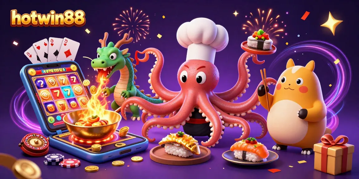 Spin the reels at hotwin88 with engaging characters and festive decorations in a vibrant casino scene.