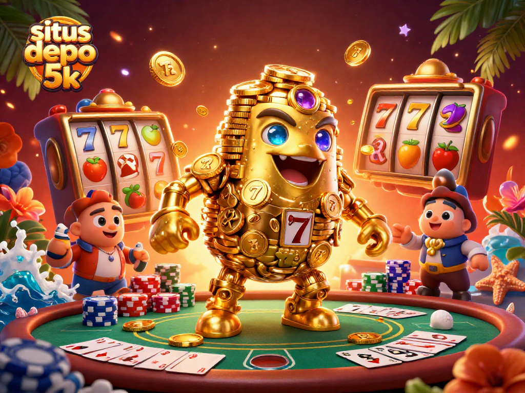 Engage with situs depo 5k in this vibrant 3D scene showcasing a golden golem adorned with slot symbols amidst lively poker elements.