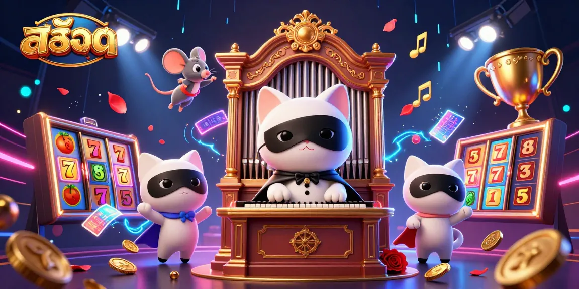 Engage with สล็อต gameplay featuring a whimsical 3D casino scene with animated characters and flying slot elements.