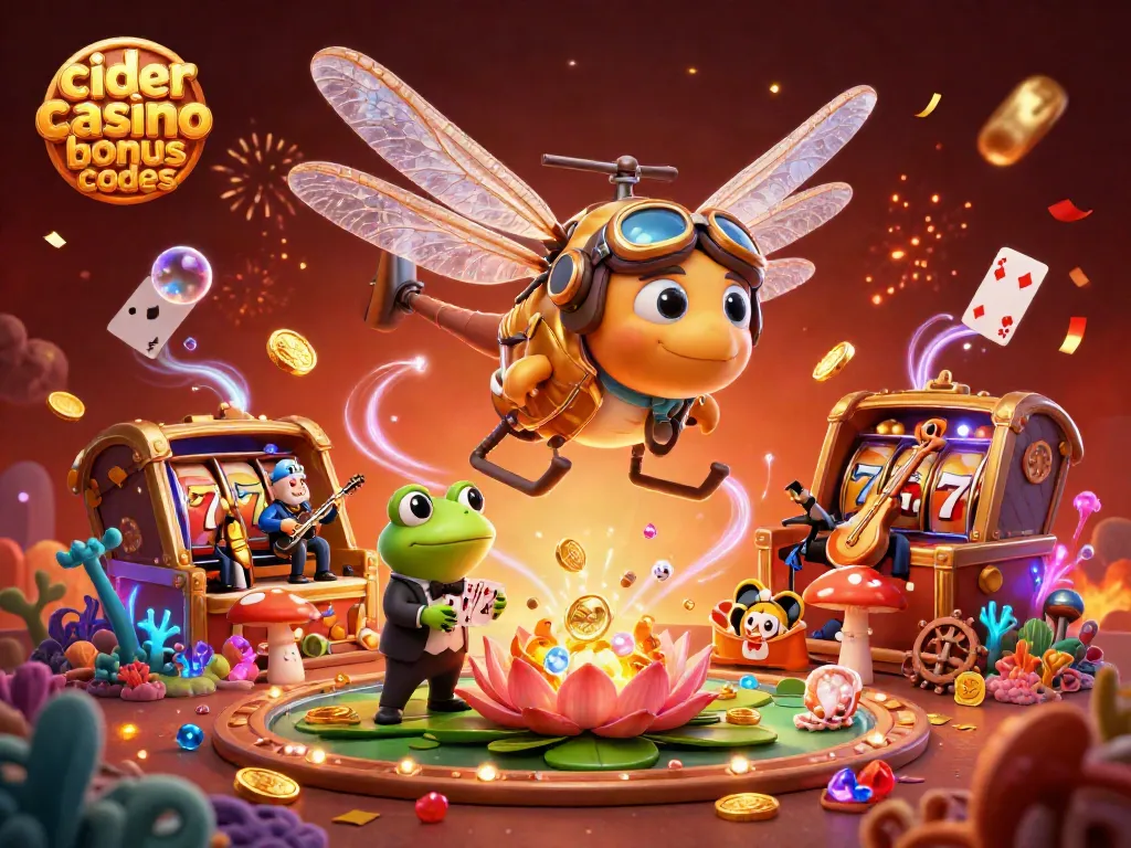 Experience excitement with cider casino bonus codes in a vibrant, lively 3D casino illustration.