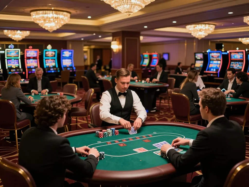 Engaged players enjoying poker at 888NEW casino, showcasing a lively gaming atmosphere and professional dealers.