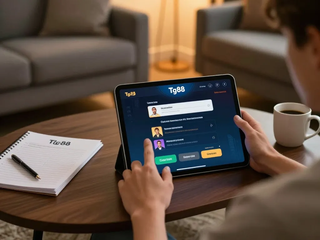 Engaging online gaming scene featuring the Tg88 link on a tablet in a cozy home setup.