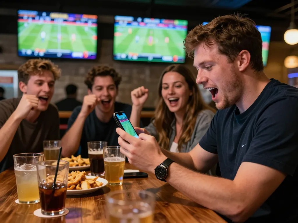 Thrilling sports betting moment with tin soi kèo displayed on smartphone in lively sports bar.
