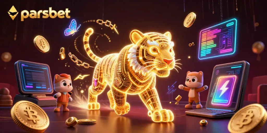 Parsbet ile kazanç sağlayan neon ışıklarla dolu dijital kazino ortamında etkileyici enerji izleri bırakan bir ışık tigresi.