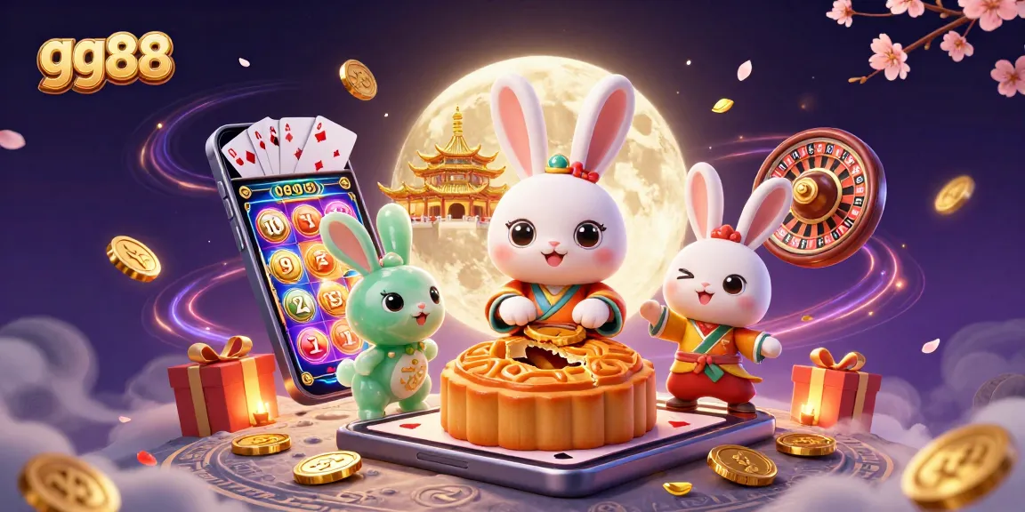 Spin to win with gg88 as the moon rabbit brings luck and riches in a vibrant casino scene!