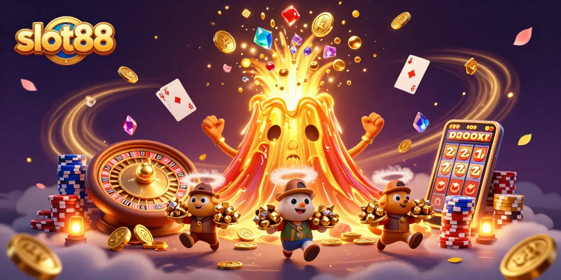 Menang besar di slot88 dengan karakter volkanik ceria memancarkan koin emas dan harta karun.