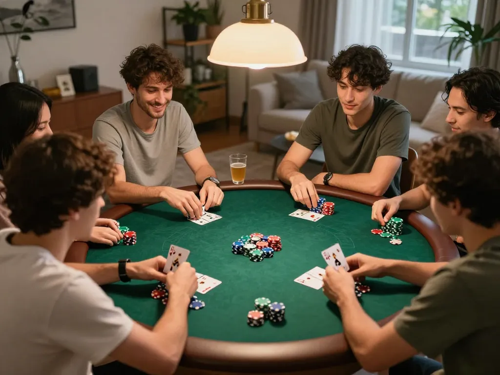 Friends enjoying a poker night with langit777, showcasing intense gameplay and camaraderie around the table.