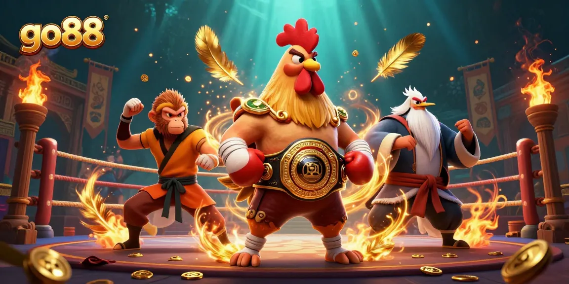 Experience the excitement of go88 with our vibrant 3D illustration of a Muay Thai rooster, Shaolin monkey, and crane in action.