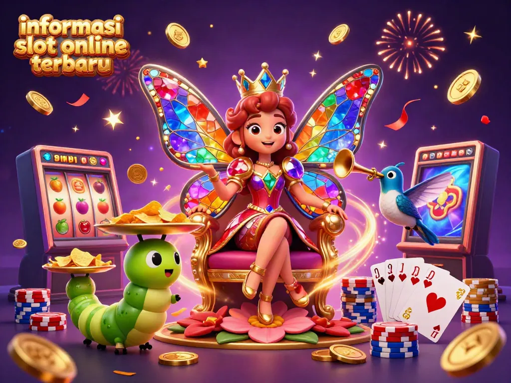 Ilustrasi slot online terbaru dengan ratu kupu-kupu dan banyak elemen kasino yang meriah.
