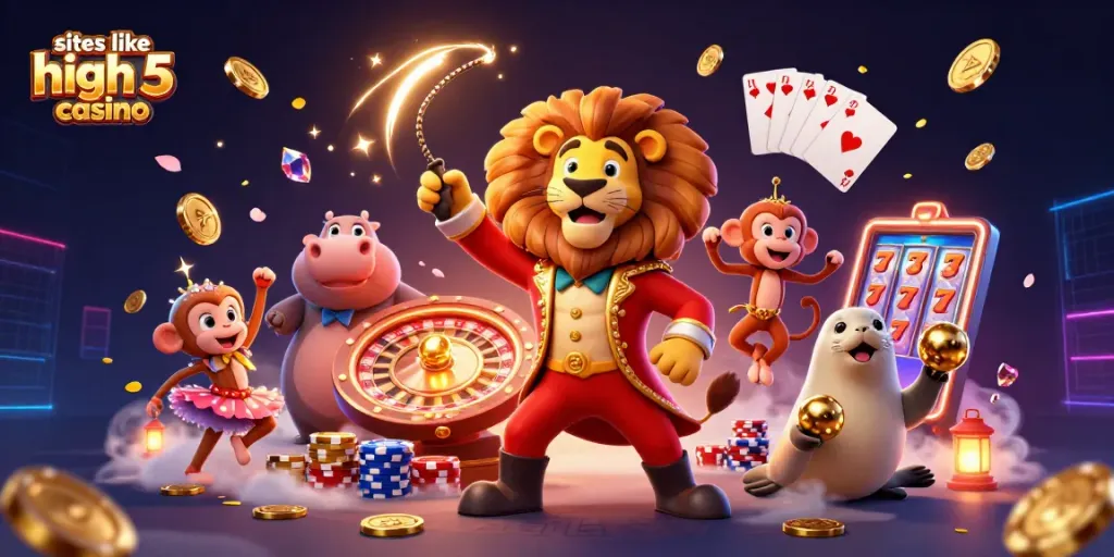Engage with exciting games at sites like High 5 Casino, featuring an energetic circus-themed scene.