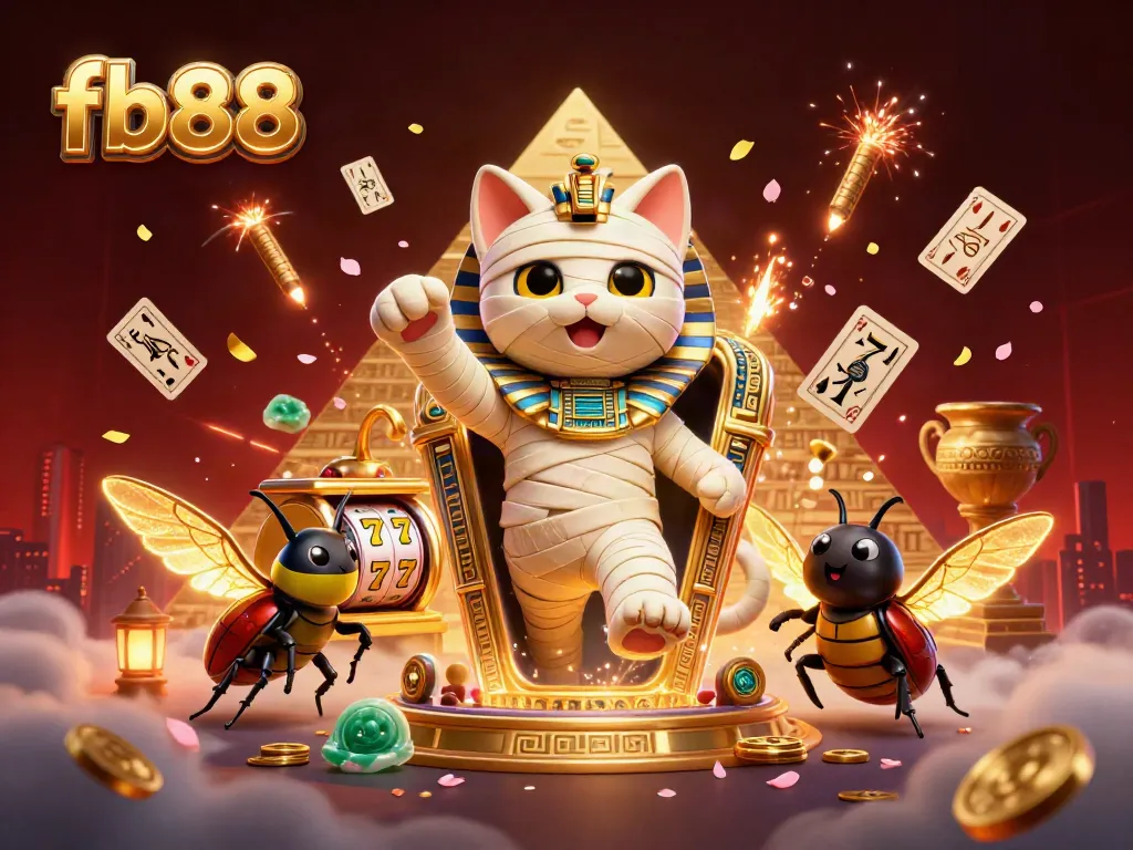 Experience explosive fun at fb88 casino with a cartoon mummy cat, scarab beetle, and slot games.