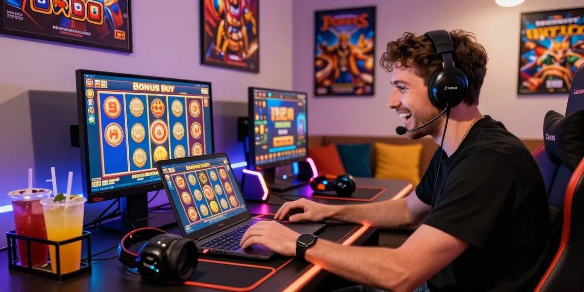 Player engaged with Bonus Buy slots on https://crownnorthill.co.uk, showcasing colorful graphics and gaming accessories in an exciting atmosphere.
