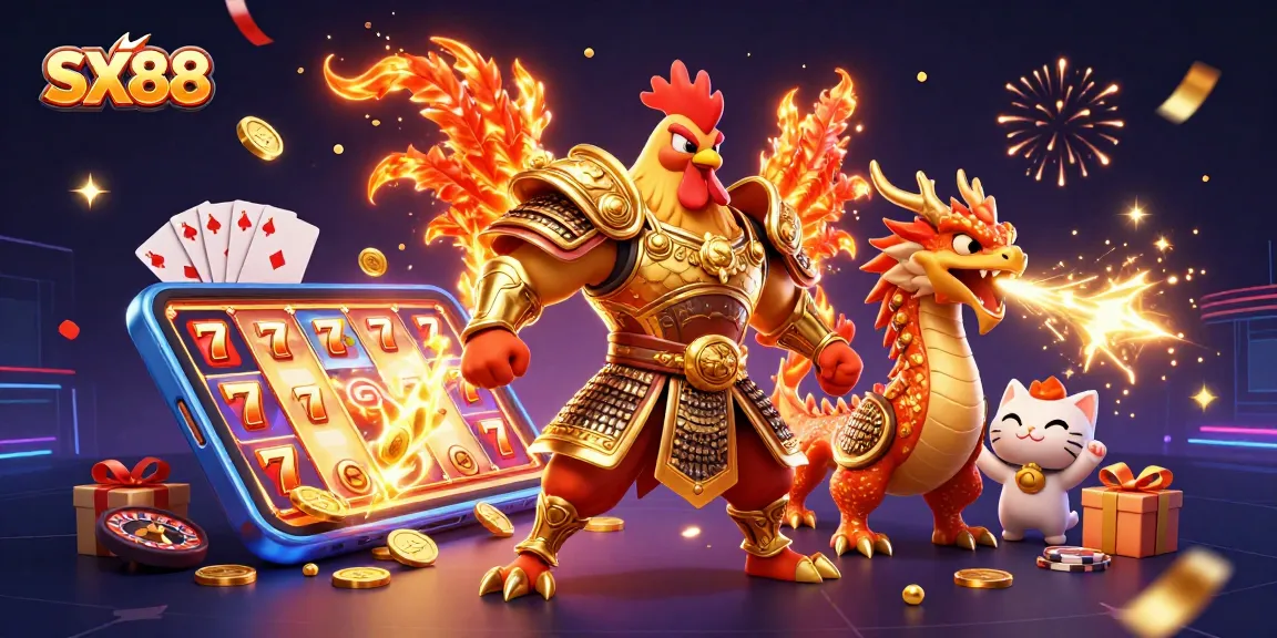 SX88 transforms gaming with a vibrant 3D illustration featuring a powerful rooster warrior, dynamic game elements, and a festive casino atmosphere.