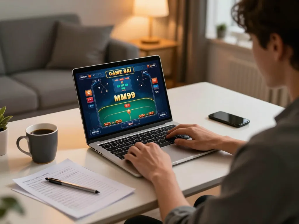 Engaging in GAME BÀI MM99 online gameplay, showcasing laptop interface and strategic notes.