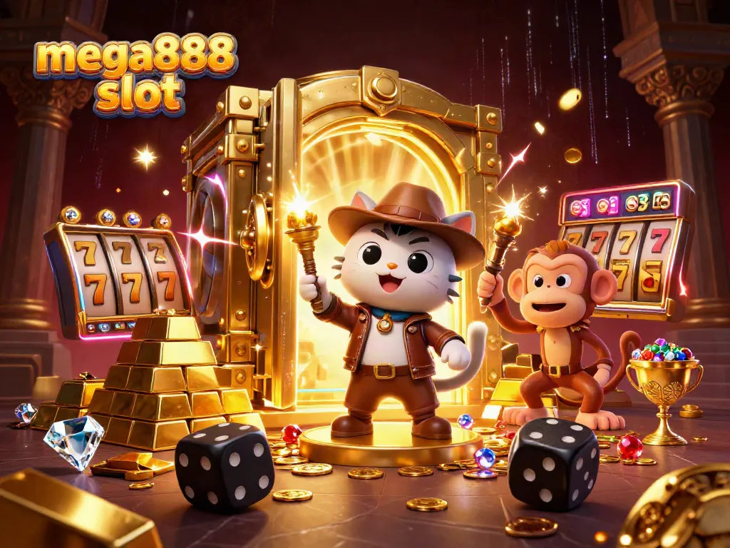 Experience the thrill of mega888 slot with a dynamic 3D illustration of treasure and gameplay elements.