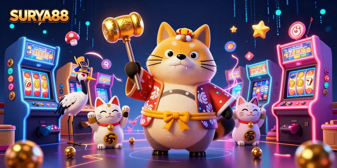 SURYA88 brings luck with a festive tanuki and vibrant casino elements in this dynamic illustration.