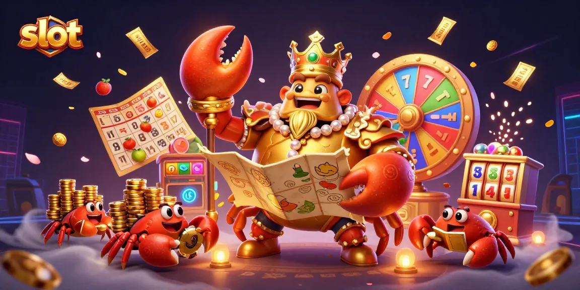 Engage in thrilling slot gameplay with a golden crab emperor and vibrant casino elements.